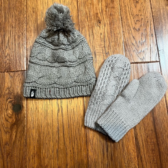 The North Face Other - The North Face Gray Knit Pom Beanie and Mittens fleece lined Set